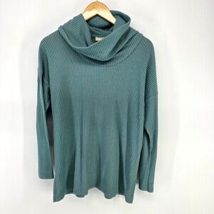 LOFT Waffle Knit Sweater Women Medium Teal‎ Blue Cowl Neck Thermal Pullover Top